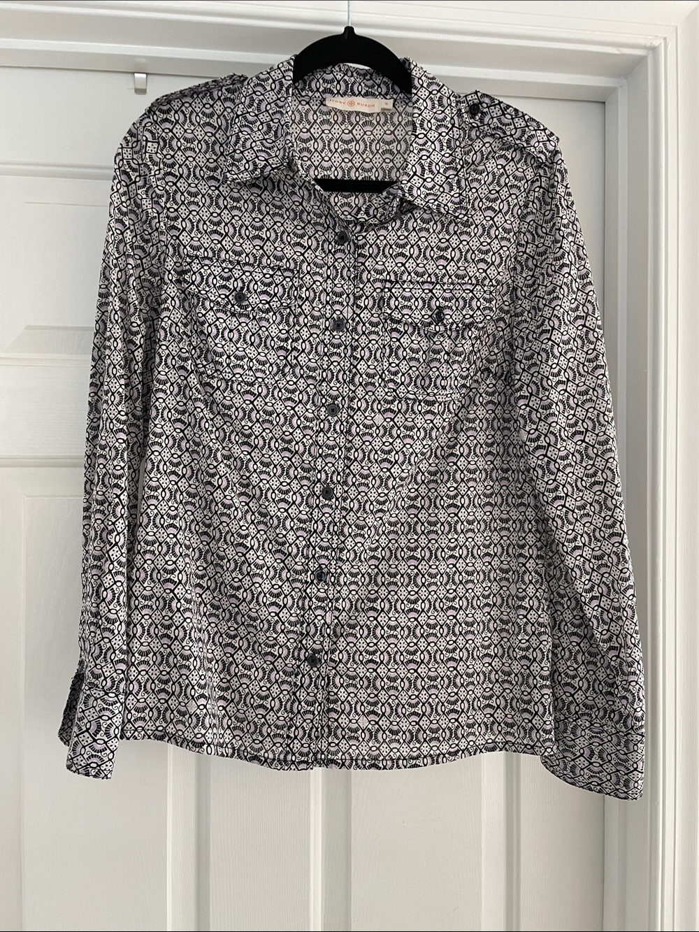 Tory Burch size 10 Black, White & Light Purple Patterned Blouse